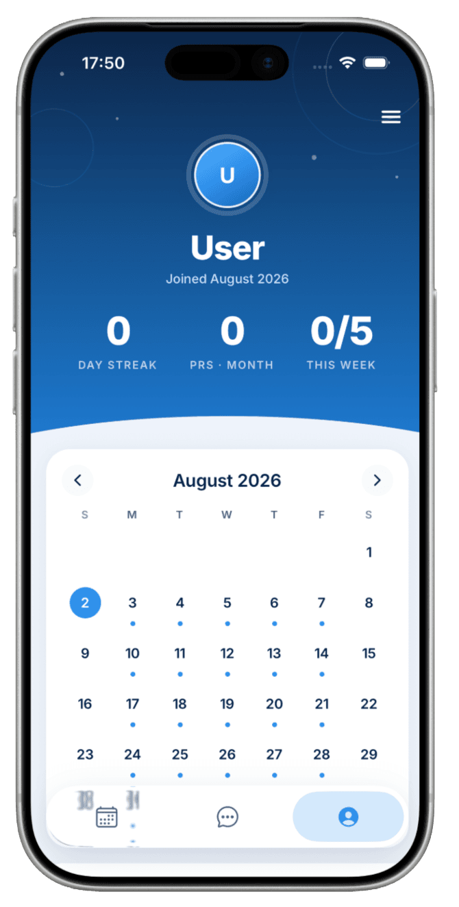 The GymSync progress tab: streak, monthly PRs and training calendar